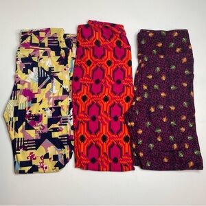 LuLaRoe Leggings OS One Size Set of 3 Yellow Abstract Pink Aztec Purple Vine